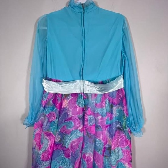 VTG 1960s Floral Chiffon Maxi Dress Womens Medium Blue Pink Buttons Ruffles - Picture 5 of 11